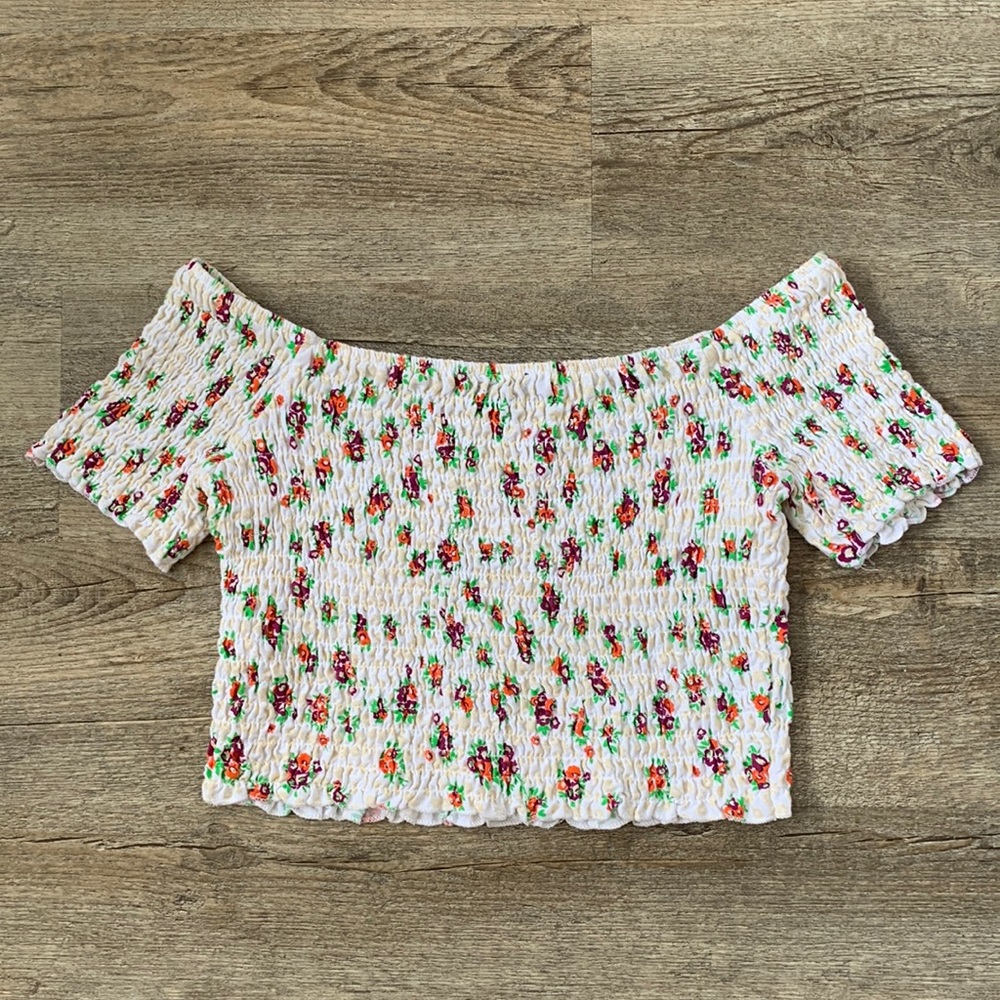 Topshop floral smocked off the shoulder crop top